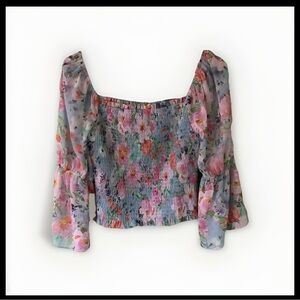 Lost + Wander Floral Smocked Top - Pink and Blue